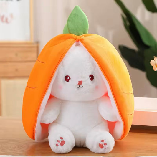 25cm Adorable Bunny Plush Toy – Strawberry & Carrot Theme, Transformable Stuffed Rabbit Doll