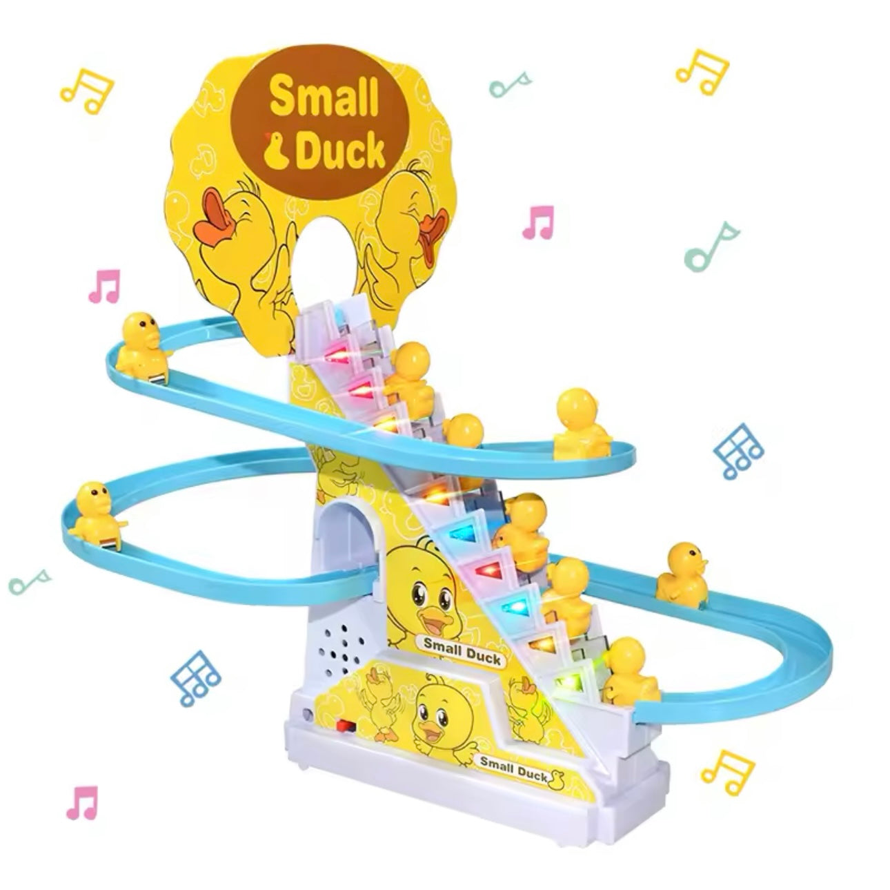 Electric 9pcs Duck Climbing Stairs Track Toy – DIY Roller Coaster Race Set with Lights & Music | Fun Educational Toy for Kids