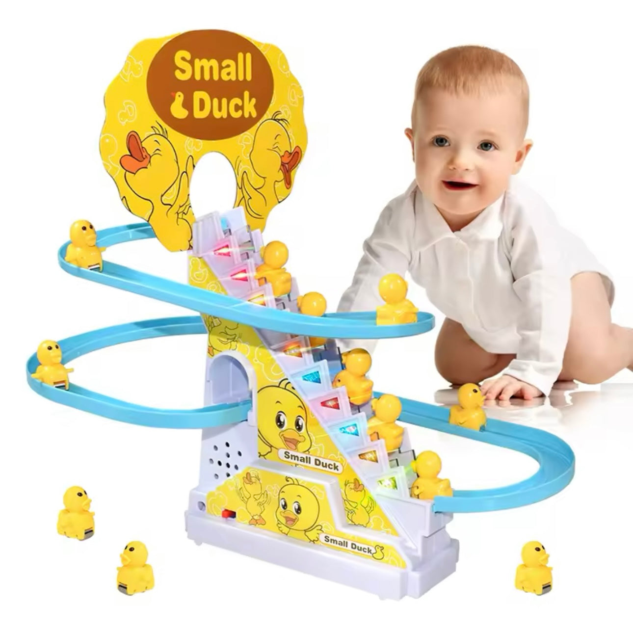 Electric 9pcs Duck Climbing Stairs Track Toy – DIY Roller Coaster Race Set with Lights & Music | Fun Educational Toy for Kids