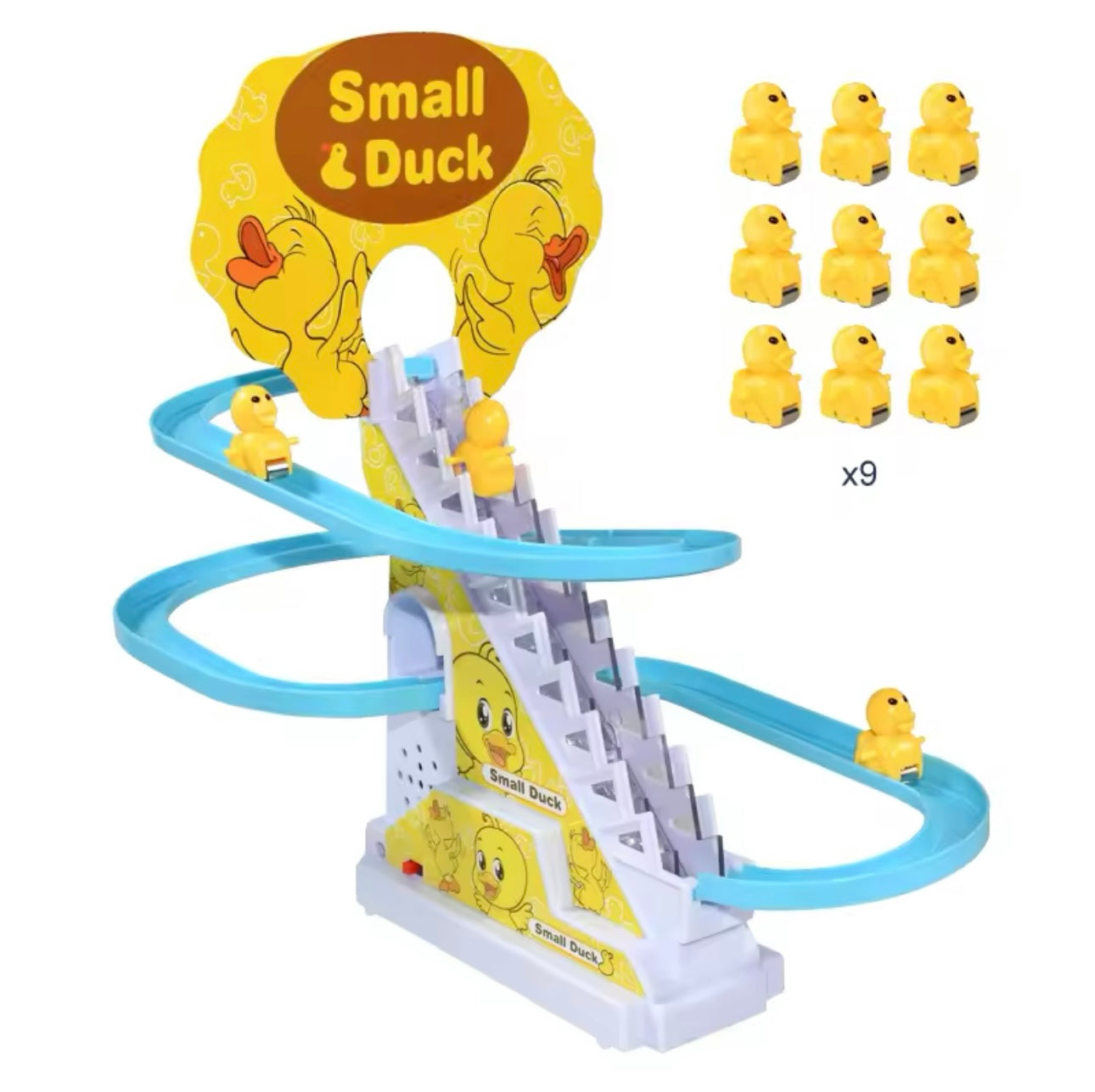 Electric 9pcs Duck Climbing Stairs Track Toy – DIY Roller Coaster Race Set with Lights & Music | Fun Educational Toy for Kids