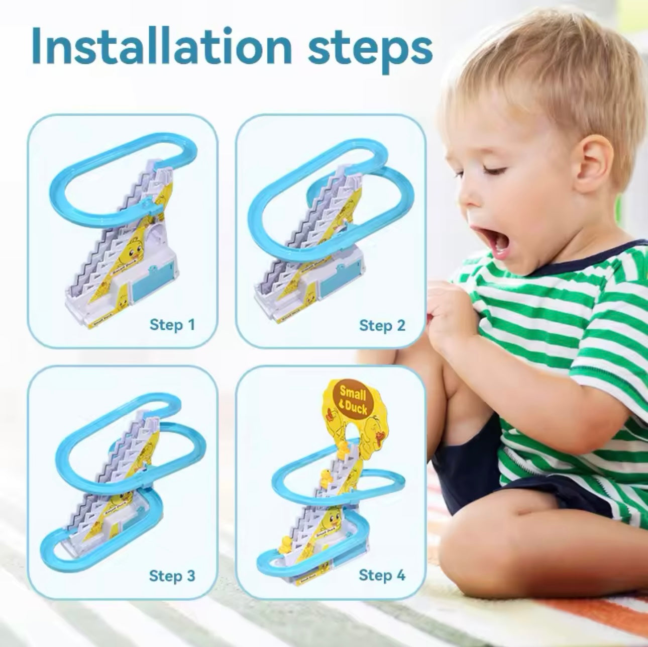 Electric 9pcs Duck Climbing Stairs Track Toy – DIY Roller Coaster Race Set with Lights & Music | Fun Educational Toy for Kids