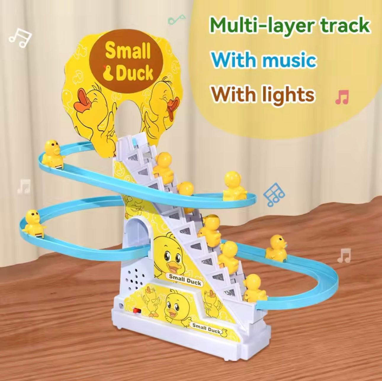 Electric 9pcs Duck Climbing Stairs Track Toy – DIY Roller Coaster Race Set with Lights & Music | Fun Educational Toy for Kids